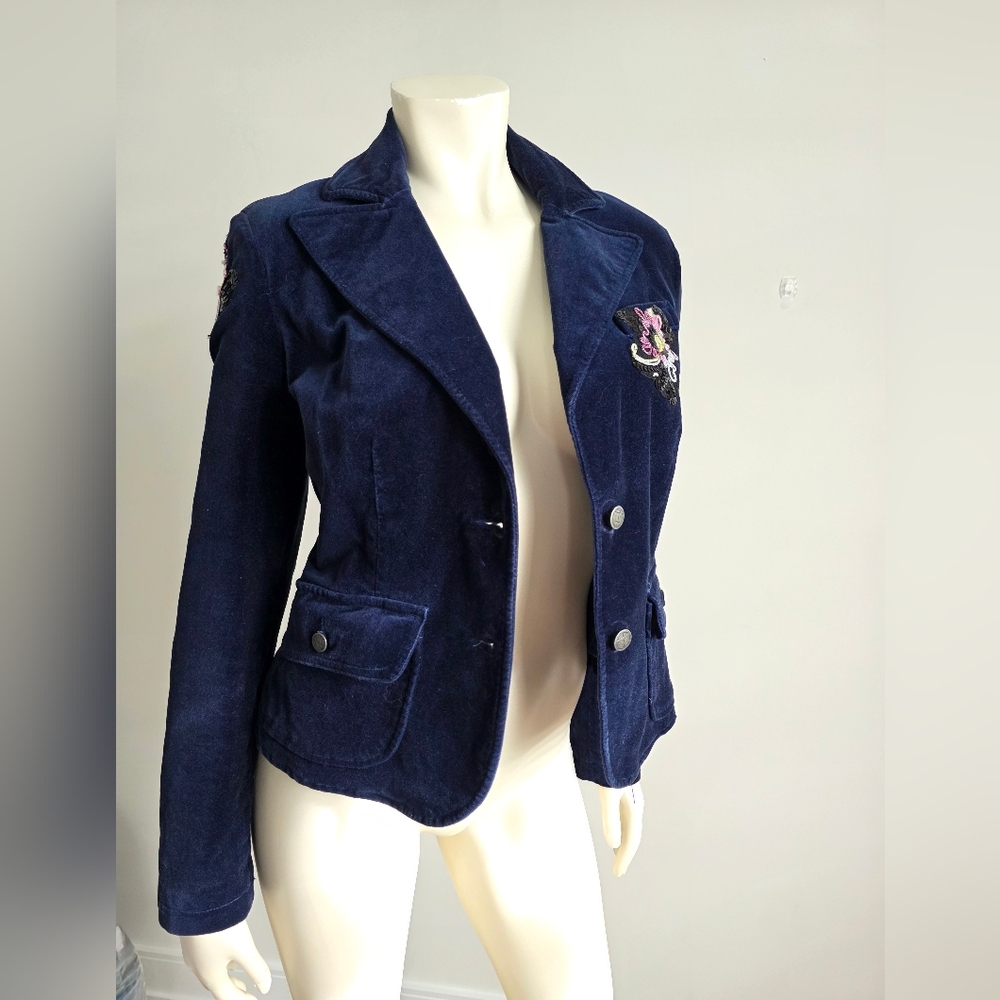 Rare Silvian Heach Preppy Micro Velvet Navy Blue Club Blazer S